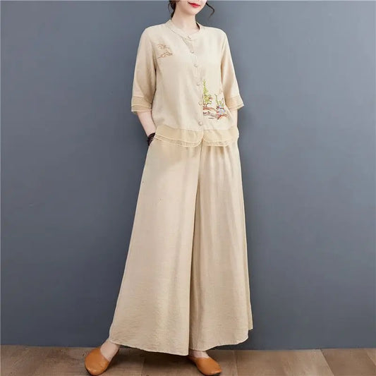 Spring Summer Women Leisure Pants 2PCS Middle Aged Mother Cotton Linen Suit 2026 Female Embroidery Two-piece Set Large Size 5XL
