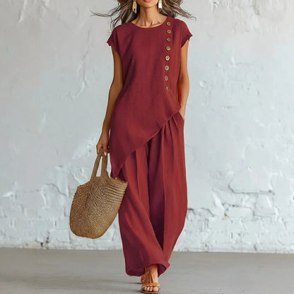 Women 2 Piece Set Elastic Waist Pocket Button Decorate Wide Leg