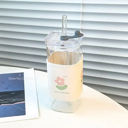 DecorBites™ Heat Resistant Glass Cup with Lid and Straw for Coffee, Milk, Tea, Juice