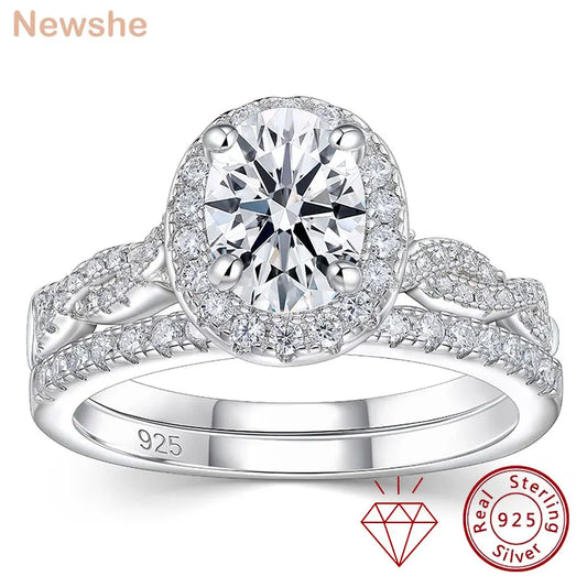Newshe Women's D VVS1 Full Moissanite Engagement Ring Set 925 Sterling Silver Halo Oval Cut Bridal Wedding Rings Fine Jewelry