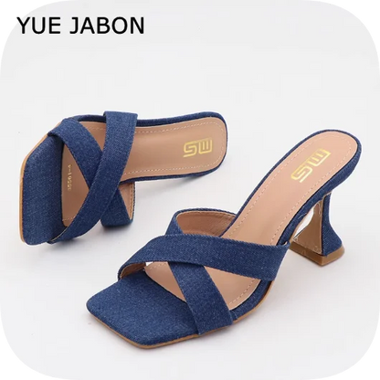 Blue Women's Shoes Fashion Summer Women's Slippers Square Toe Solid