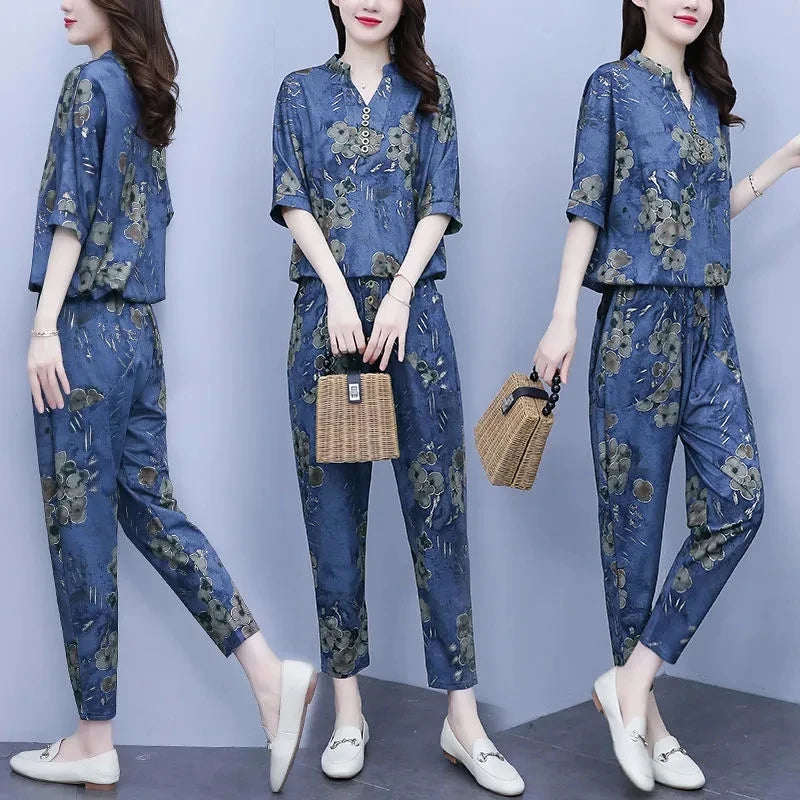 New Korean Sets Women Summer Loose Short Sleeves Printing Tops