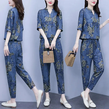 New Korean Sets Women Summer Loose Short Sleeves Printing Tops