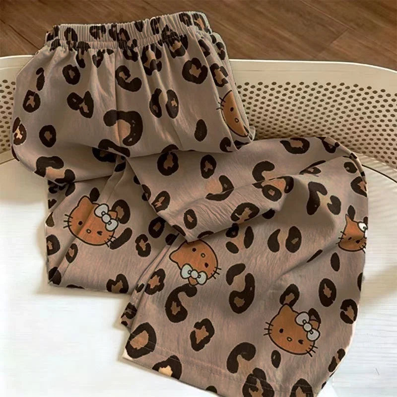 Cartoon Hello Kitty Spring Summer Leopard Print Wide Leg Pajama Pants