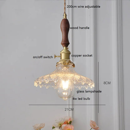 DecorBites™ Green Glass LED Pendant Lamp with Copper Wood Handle for Modern Nordic Home Decor