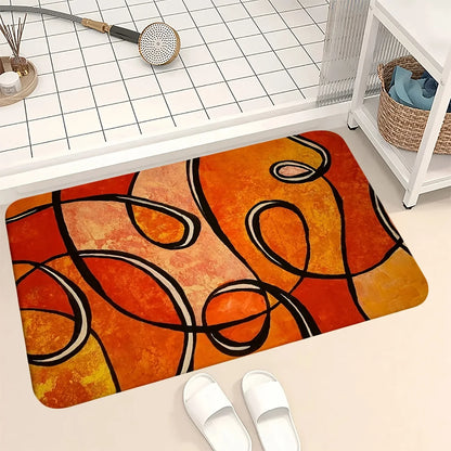 Abstract Orange Geometric Bath Mat, Black Line Print Non-Slip Rug