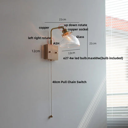 DecorBites™ Glass Pink LED Wall Sconce, Pull Chain Switch, Walnut Wood Bedside Lamp