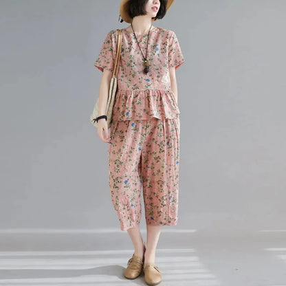 5XL Middle Aged Female Pants Suit Cotton Two Piece Set Women Summer