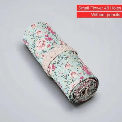 Colorful Roll Up Pencil Case Canvas Flowers Style Colored Pencils Wrap Multi-Purpose Pen Holder Cute Case